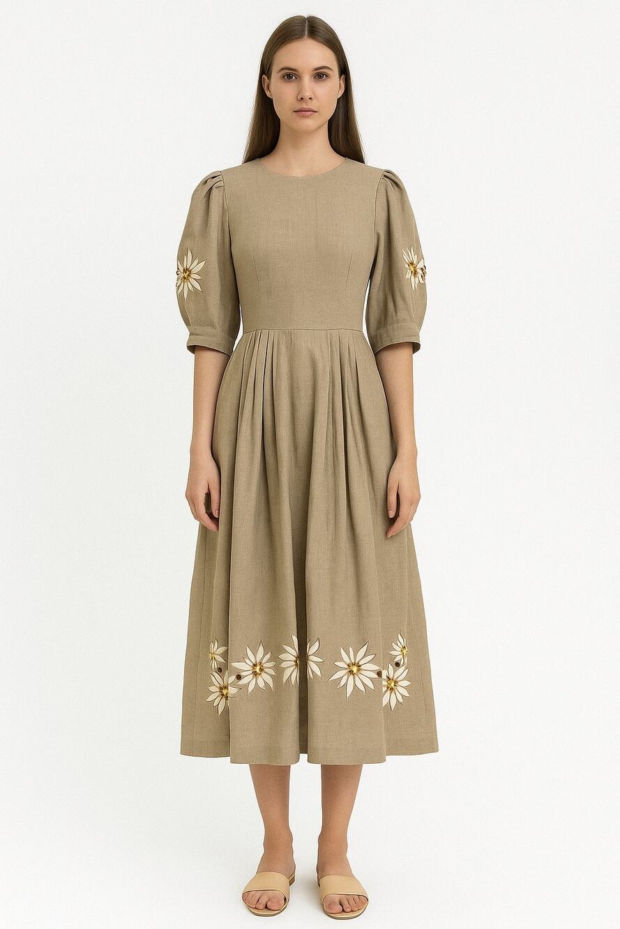 Retro Linen Midi Dress with Floral Appliqué and Puff Sleeve Detail Medium